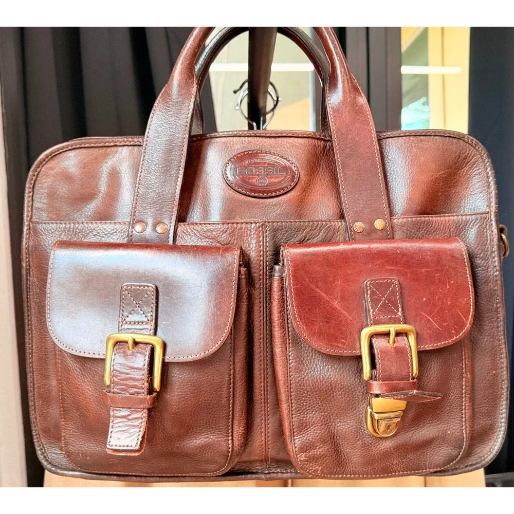 Fossil Vintage Brown Leather Briefcase Laptop Messenger Bag Missing Clasp
